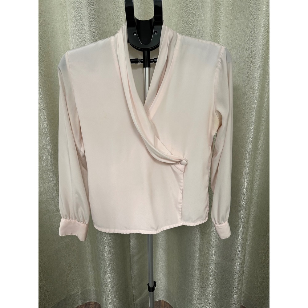 Vintage 90s Marlis Petite Blush Pink Wrap Blouse Satin Secretary Top Size 8P
